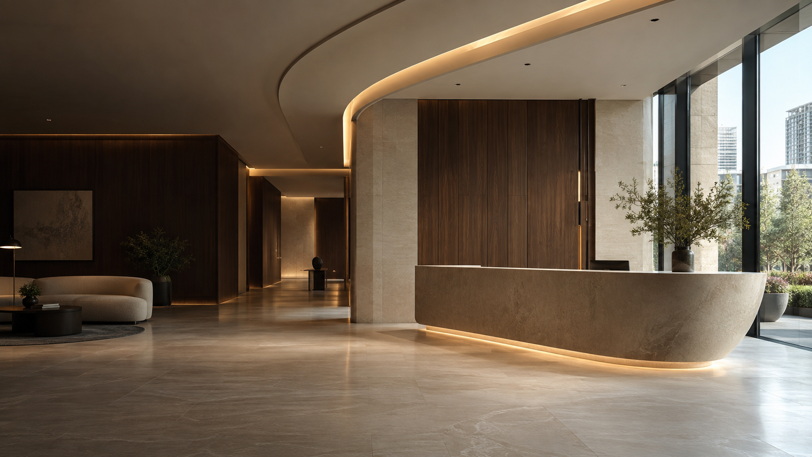 Architectural interior concept with warm lighting and sculptural ceiling details